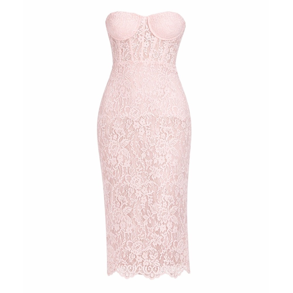 BCBG Max Azria Pink Lace Strapless Corset Sheer Midi Dress NWT Size 4